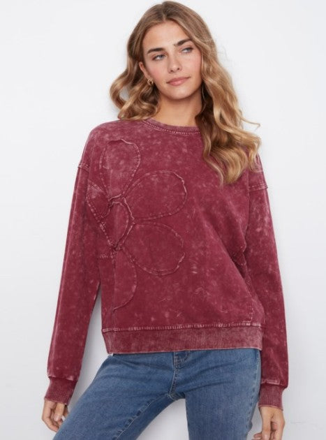 FLOWER APPLIQUE SWEATSHIRT MERLOT