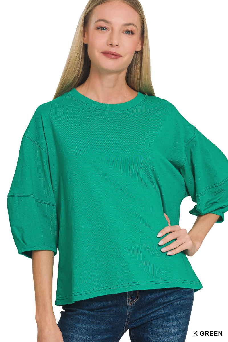 CONTRAST STITCH BALLOON SLEEVE TOP