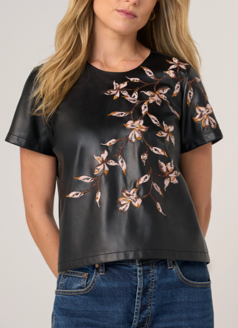 FAUX LEATHER TEE W/EMBROIDERY