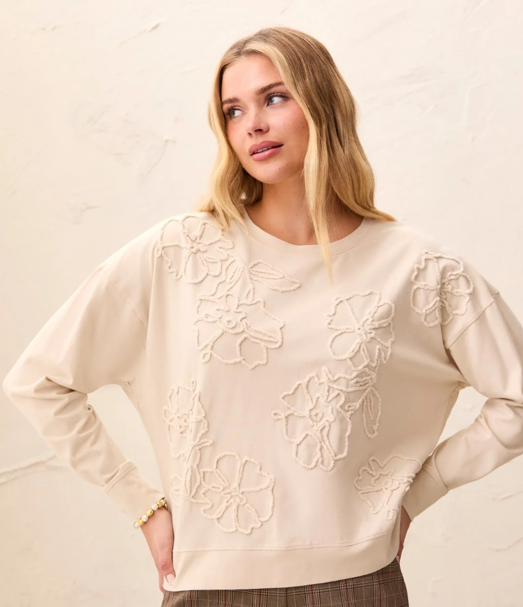 FLORAL TEXTURED CREAM KNIT TOP