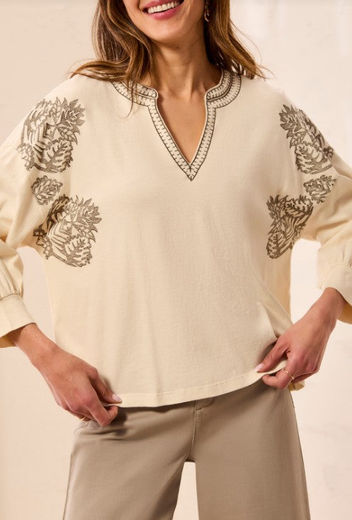 EMBROIDERED NOTCH NECK TOP