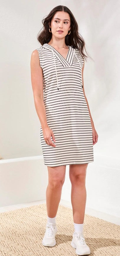 SLEEVELESS HOODED STRIPE DRESS