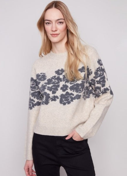 FLORAL JACQUARD CREW NECK SWEATER