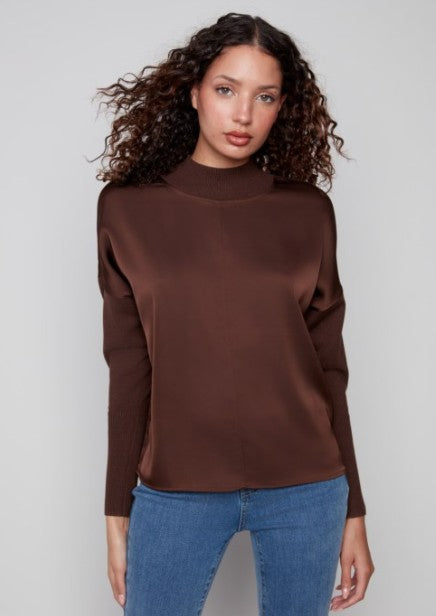 MOCK NECK SATIN KNIT TOP
