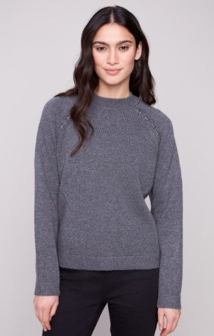 RAGLAN SWEATER W/ FAUX LEATHER DETAIL