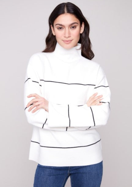 YARN DYED FUNNEL NECK STRIPED SWEATER