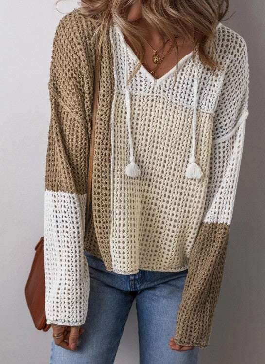 COLORBLOCK OPEN KNIT HOODIE