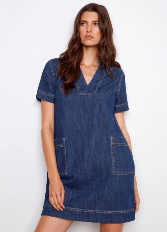 COLLARED DENIM MINI DRESS