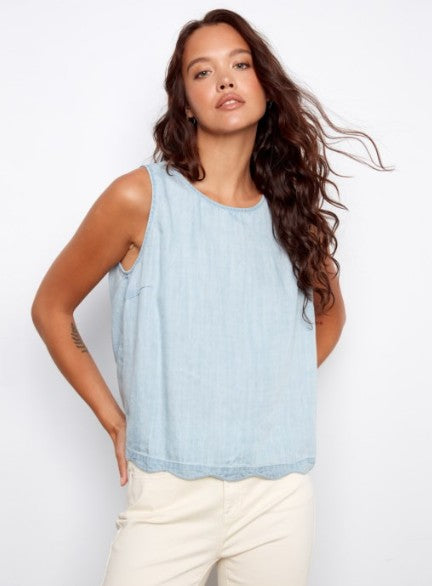 SCALLOP HEM TANK W/BACK BUTTONS
