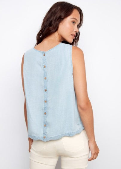 SCALLOP HEM TANK W/BACK BUTTONS