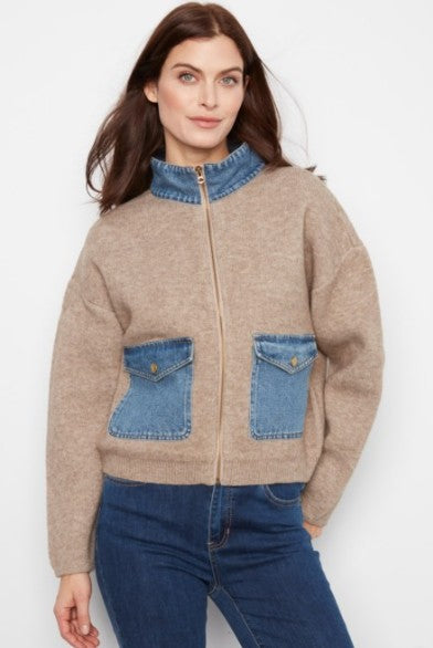 SWEATER JACKET W/ DENIM DETAIL