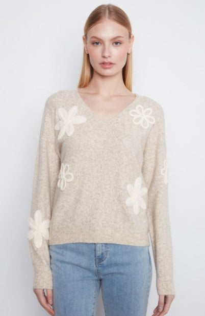V-NECK SWEATER W/FLOWER C2163