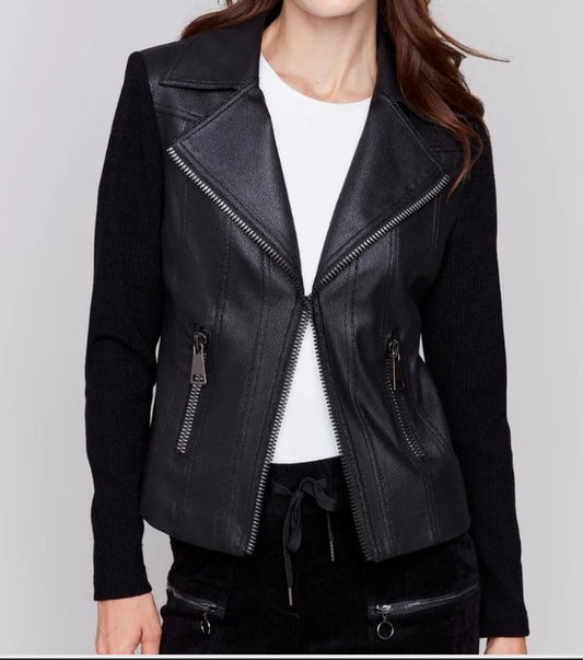 FAUX LEATHER & RIB KNIT JACKET