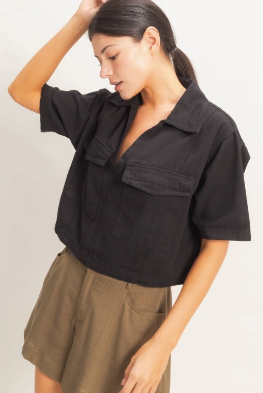 CROP BLACK DENIM V-NECK