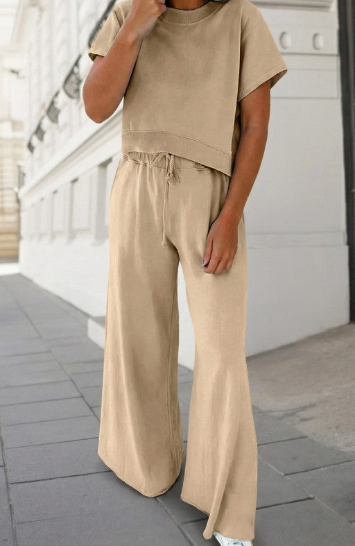 KHAKI SOFT TEE & WIDE LEG PANTS SET