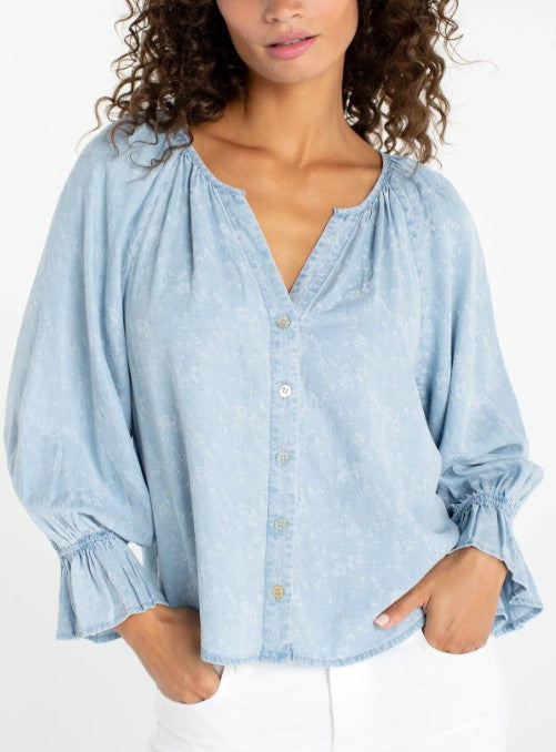 3/4 SLEEVE SHIRRED WOVEN TOP