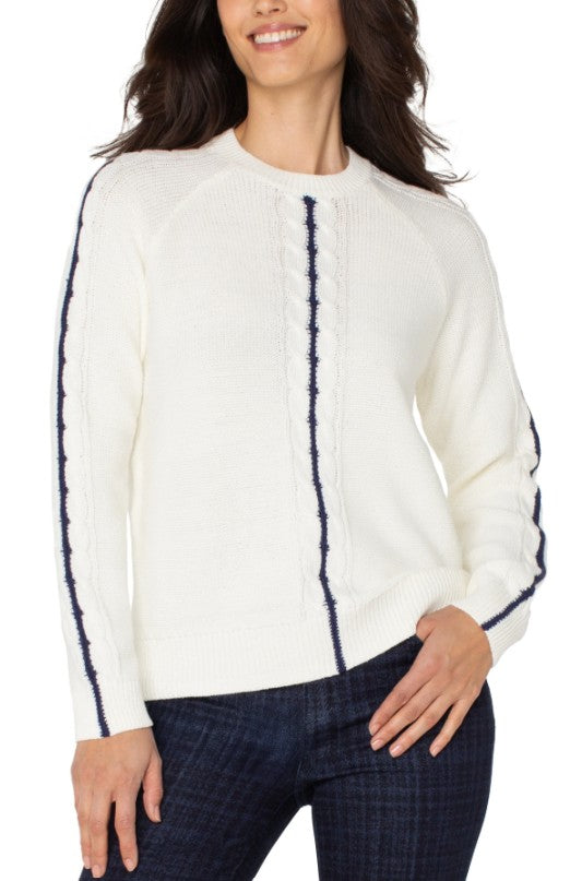 L/S WHITE CREW SWEATER W/NAVY STRIPE