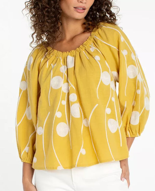 3/4 SLEEVE YELLOW/CRM WOVEN TOP