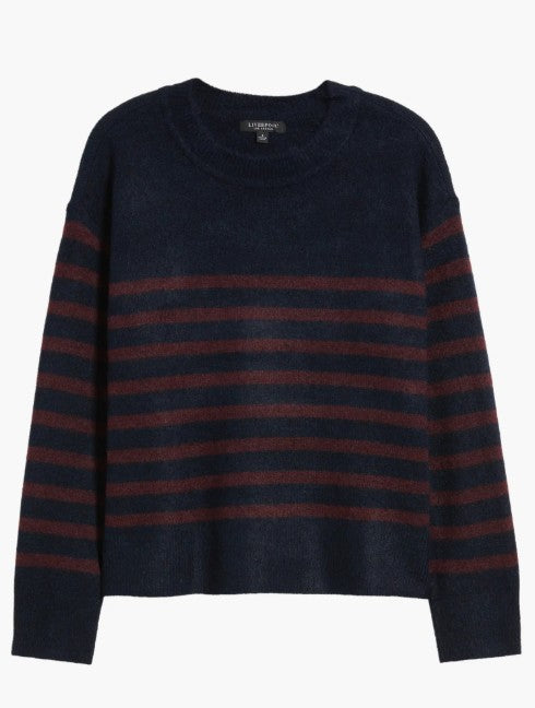 NAVY CREW NECK SWEATER W/BURGANDY STRIPE