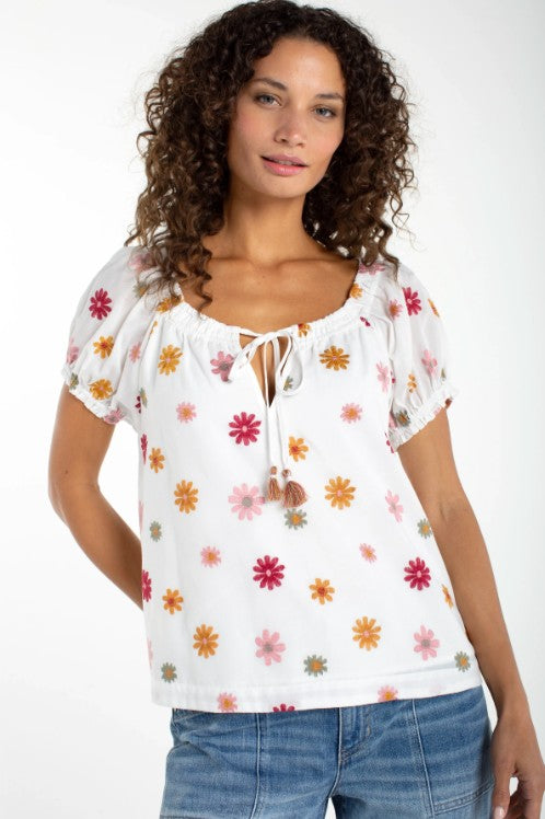 EMBROIDERED FLOWER TIE FRONT TOP