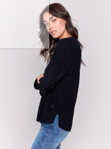 ROUND HEM SWEATER W/BUTTON TAB