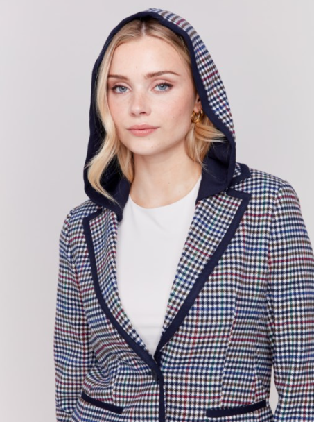 WOVEN PLAID HOODIE BLAZER