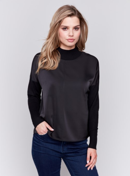 MOCK-NECK SATIN-KNIT COMBO TOP