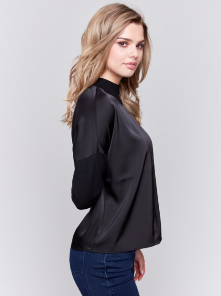 MOCK-NECK SATIN-KNIT COMBO TOP