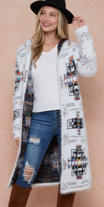 EYELASH HOODED AZTEC SWEATER