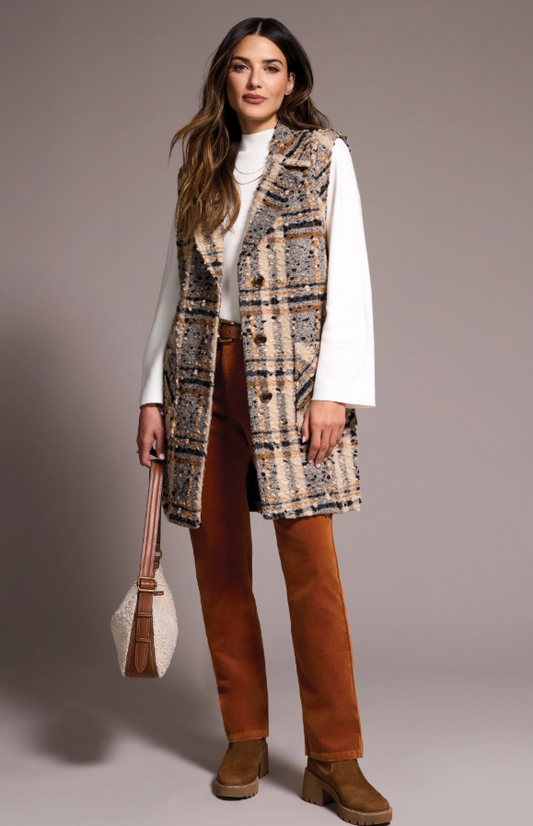 TEXTURED PLAID WIDE NOTCH COLLAR VEST