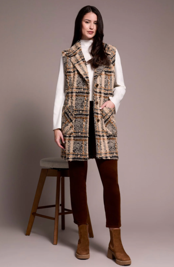 TEXTURED PLAID WIDE NOTCH COLLAR VEST