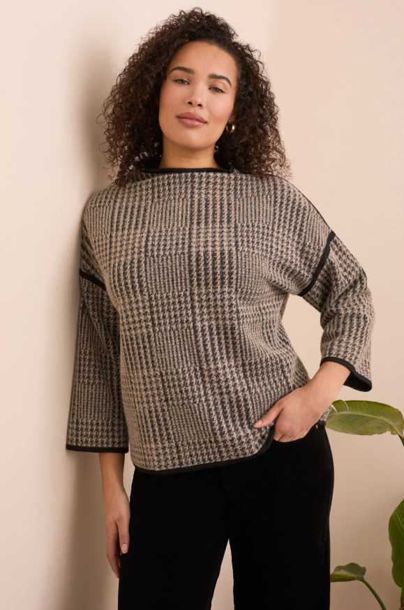 3/4 SLEEVE MOCK NECK JACQUARD SWEATER