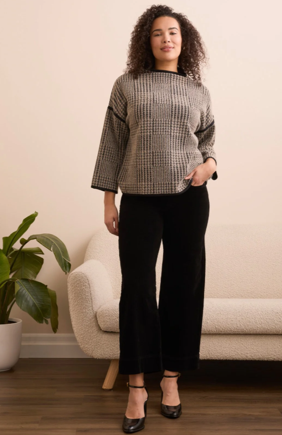 3/4 SLEEVE MOCK NECK JACQUARD SWEATER