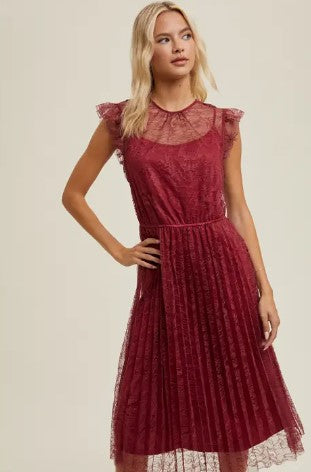 FLORAL LACE PLEATED MIDI DRESS