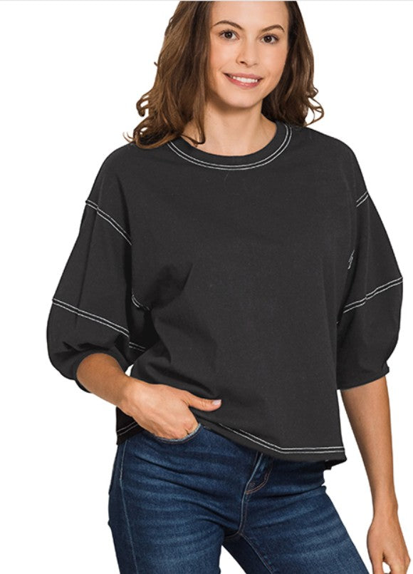 CONTRAST STITCH BALLOON SLEEVE TOP