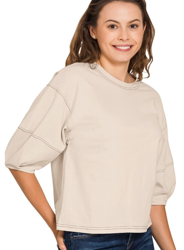 CONTRAST STITCH BALLOON SLEEVE TOP