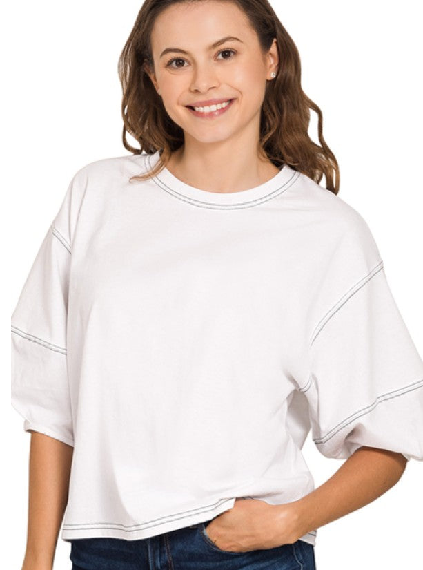 CONTRAST STITCH BALLOON SLEEVE TOP