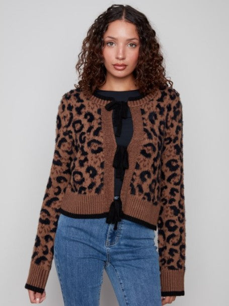 BOW TIE ANIMAL PRINT CARDIGAN