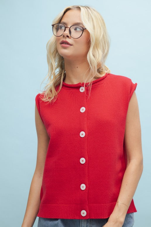 BUTTON UP SWEATER VEST - CHERRY