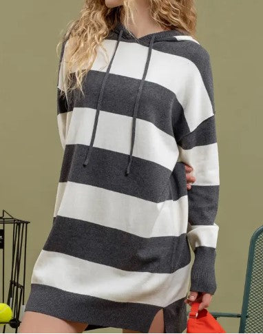 STRIPED HOODIE MINI KNIT DRESS